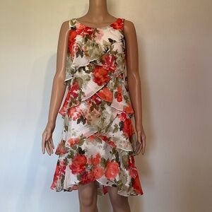 S.L. Fashions Floral Tiered Chiffon Dress White Coral Green Size 6 Sleeveless